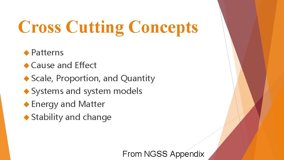 Cross Cutting Concepts Patterns Cause and Effect Scale, Proportion, and Quantity Systems Energy and