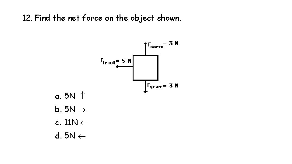 12. Find the net force on the object shown. a. 5 N b. 5