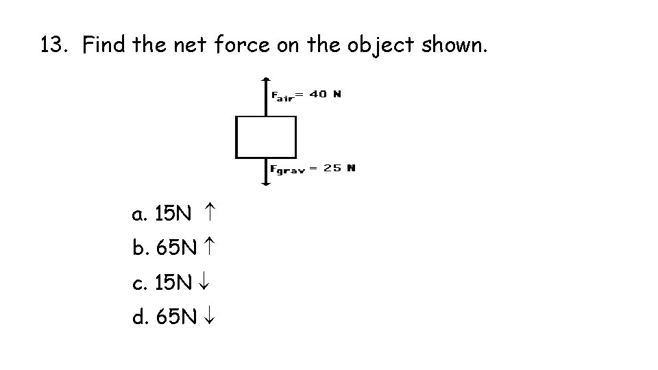 13. Find the net force on the object shown. a. 15 N b. 65