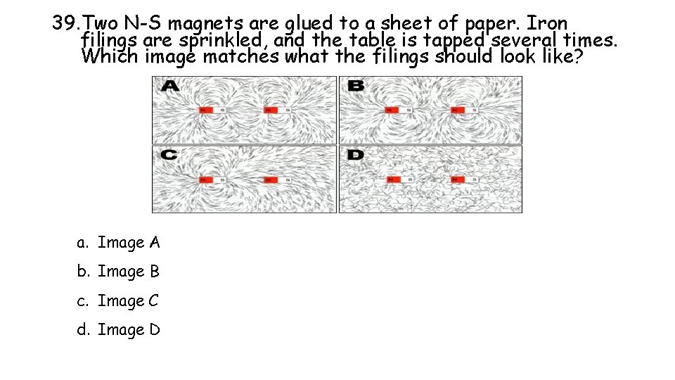 39. Two N-S magnets are glued to a sheet of paper. Iron filings are