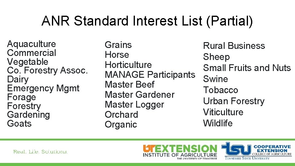 ANR Standard Interest List (Partial) Aquaculture Commercial Vegetable Co. Forestry Assoc. Dairy Emergency Mgmt