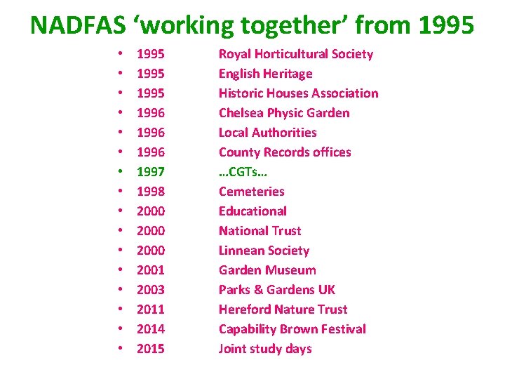 NADFAS ‘working together’ from 1995 • • • • 1995 1996 1997 1998 2000