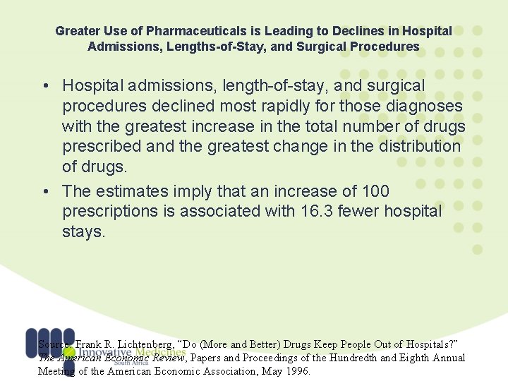 Greater Use of Pharmaceuticals is Leading to Declines in Hospital Admissions, Lengths-of-Stay, and Surgical