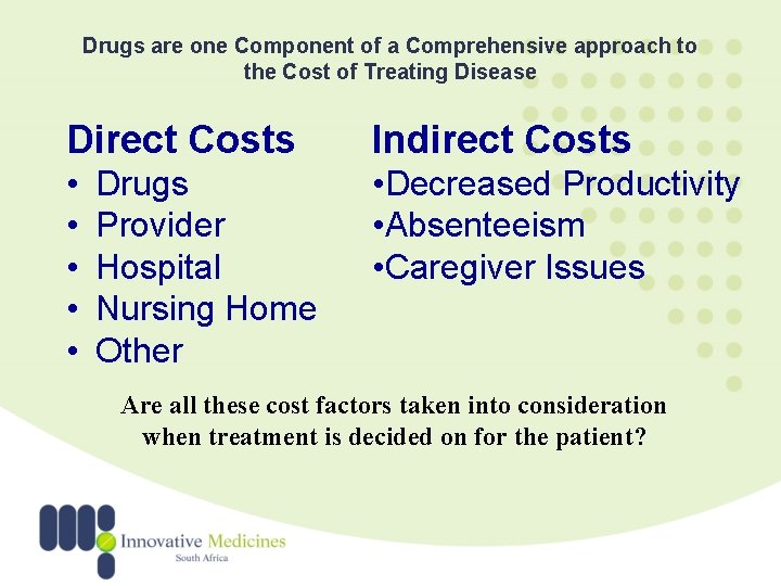 Drugs are one Component of a Comprehensive approach to the Cost of Treating Disease