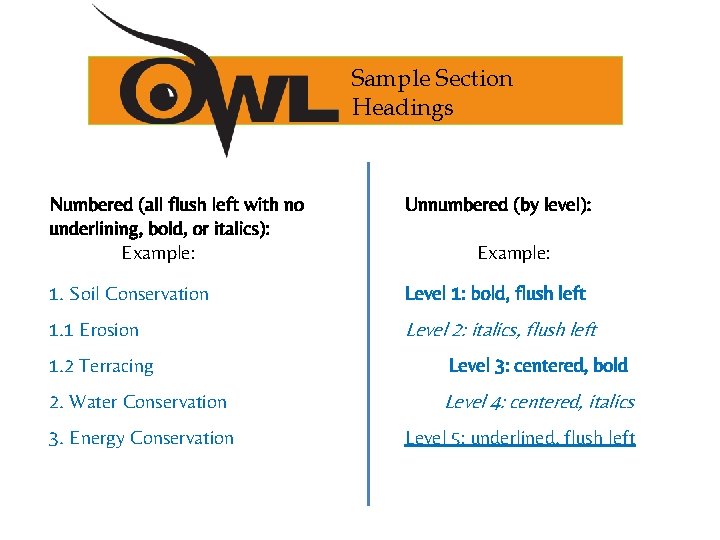 Sample Section Headings Numbered (all flush left with no underlining, bold, or italics): Example: