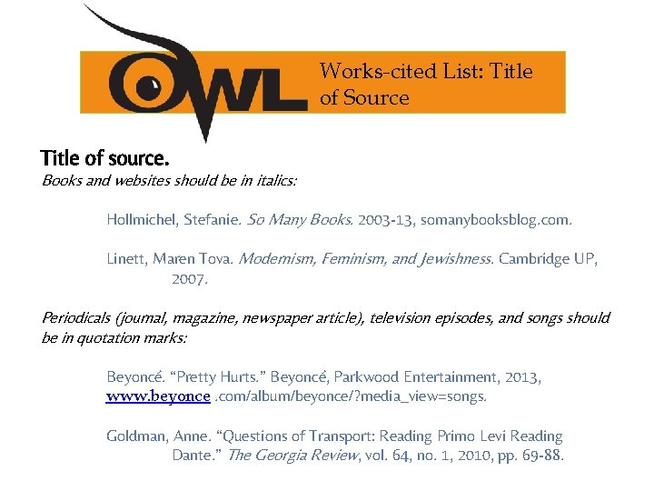 Works-cited List: Title of Source Title of source. Books and websites should be in