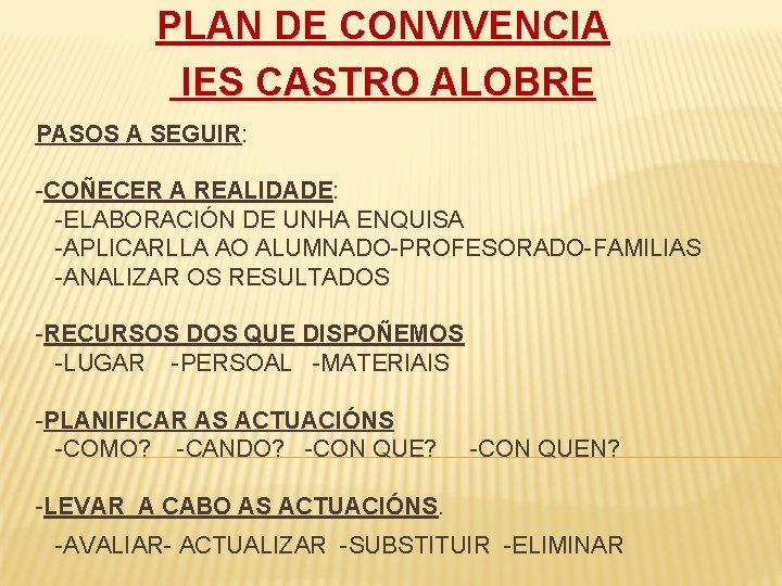 PLAN DE CONVIVENCIA IES CASTRO ALOBRE PASOS A SEGUIR: -COÑECER A REALIDADE: -ELABORACIÓN DE