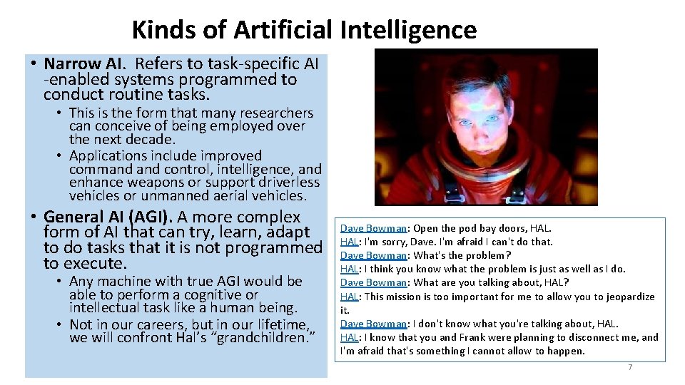 Kinds of Artificial Intelligence • Narrow AI. Refers to task-specific AI -enabled systems programmed