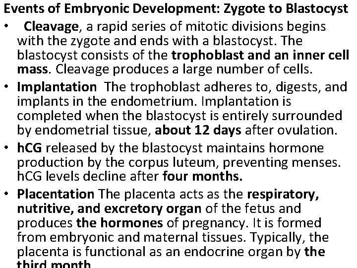 Events of Embryonic Development: Zygote to Blastocyst • Cleavage, a rapid series of mitotic