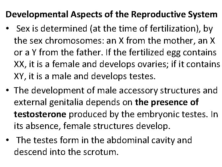 Developmental Aspects of the Reproductive System • Sex is determined (at the time of