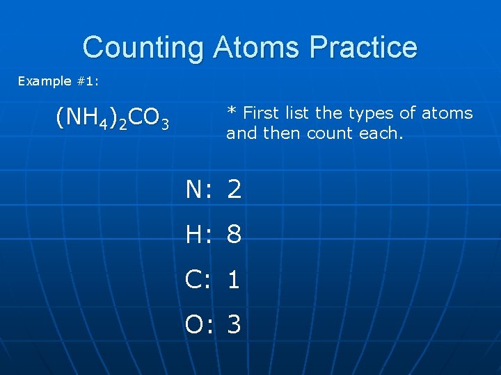 Counting Atoms Practice Example #1: (NH 4)2 CO 3 * First list the types