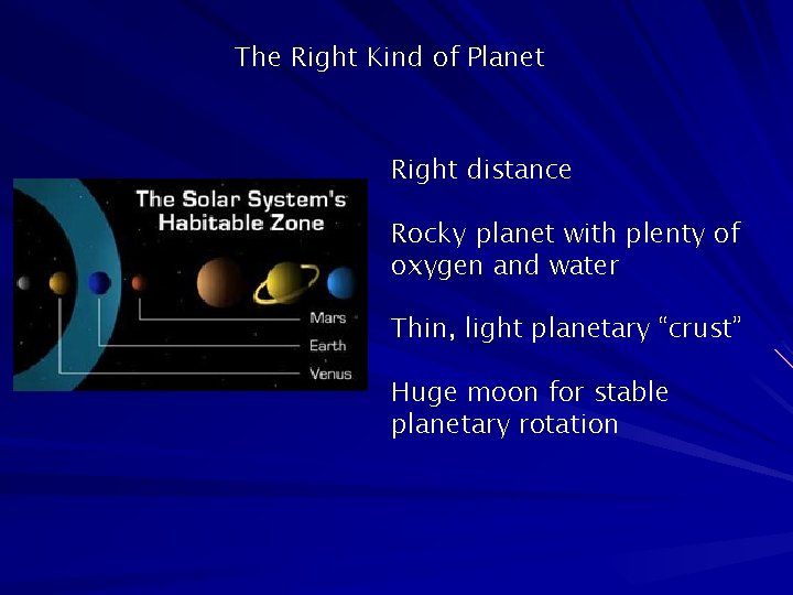 The Right Kind of Planet Right distance Rocky planet with plenty of oxygen and