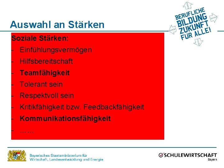 Auswahl an Stärken Soziale Stärken: - Einfühlungsvermögen - Hilfsbereitschaft - Teamfähigkeit - Tolerant sein
