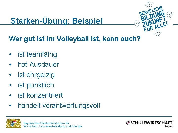 Stärken-Übung: Beispiel Wer gut ist im Volleyball ist, kann auch? • • • ist