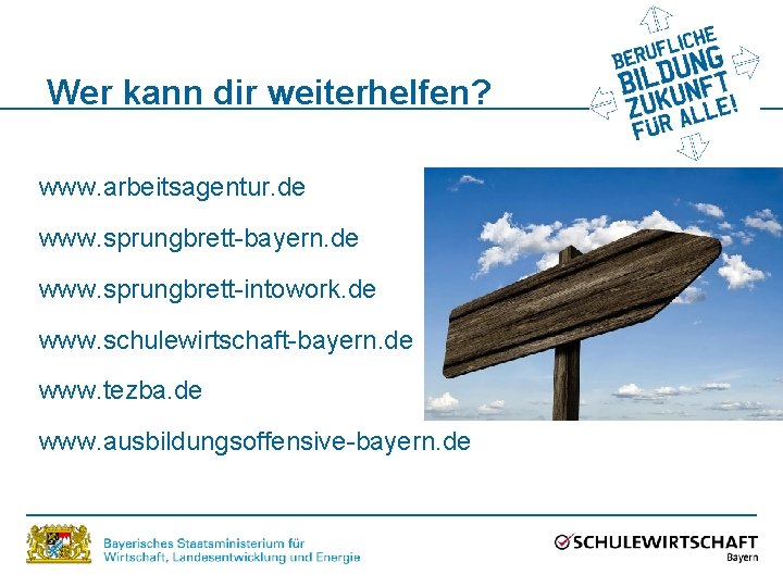 Wer kann dir weiterhelfen? www. arbeitsagentur. de www. sprungbrett-bayern. de www. sprungbrett-intowork. de www.