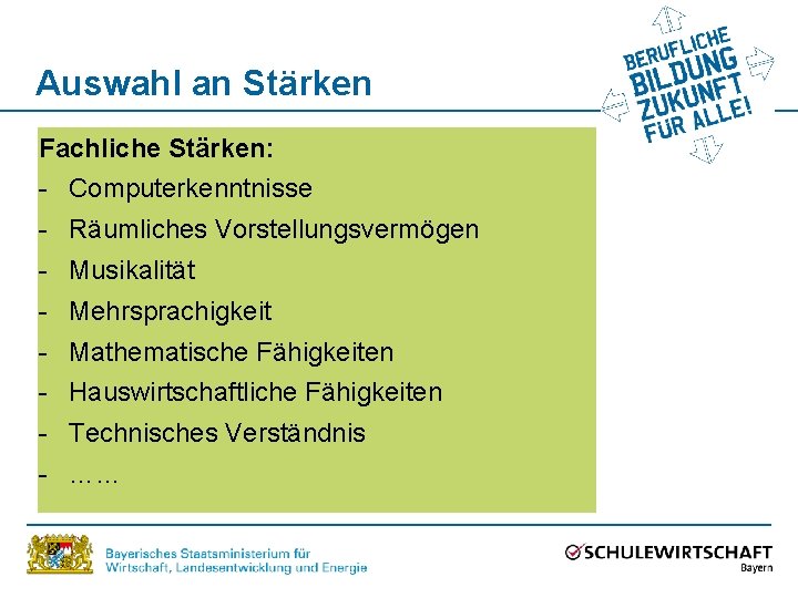 Auswahl an Stärken Fachliche Stärken: - Computerkenntnisse - Räumliches Vorstellungsvermögen - Musikalität - Mehrsprachigkeit