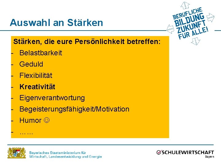 Auswahl an Stärken, die eure Persönlichkeit betreffen: - Belastbarkeit - Geduld - Flexibilität -