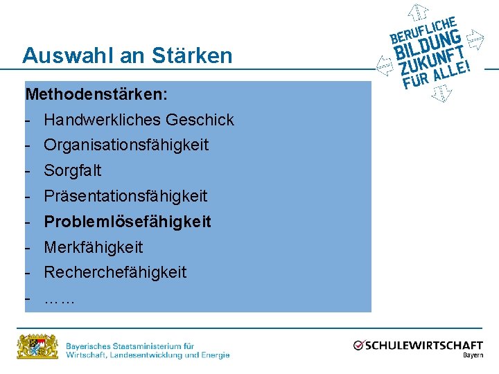 Auswahl an Stärken Methodenstärken: - Handwerkliches Geschick - Organisationsfähigkeit - Sorgfalt - Präsentationsfähigkeit -