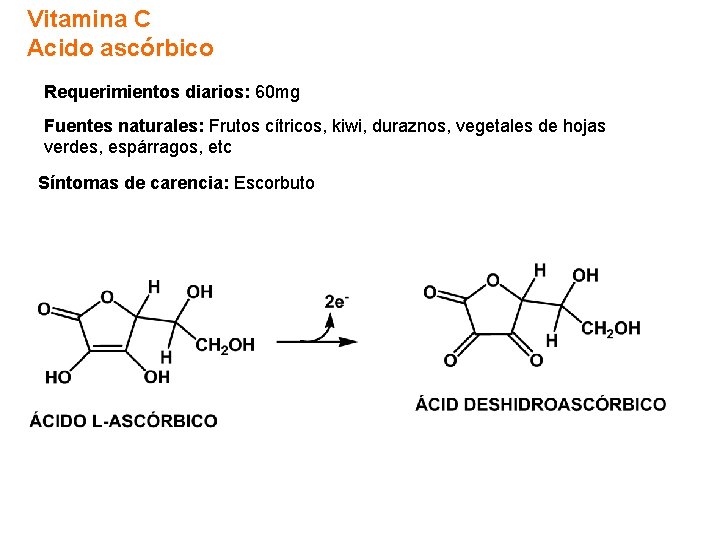 Vitamina C Acido ascórbico Requerimientos diarios: 60 mg Fuentes naturales: Frutos cítricos, kiwi, duraznos, Vitamina C Acido ascórbico Requerimientos diarios: 60 mg Fuentes naturales: Frutos cítricos, kiwi, duraznos,