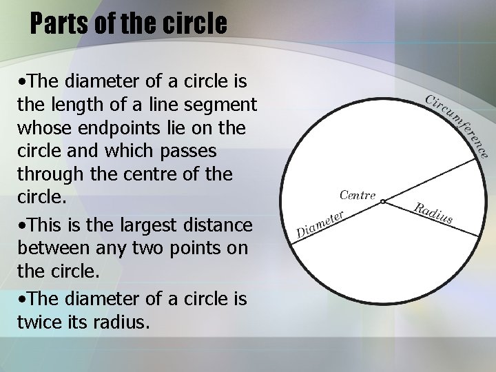 Parts of the circle • The diameter of a circle is the length of Parts of the circle • The diameter of a circle is the length of