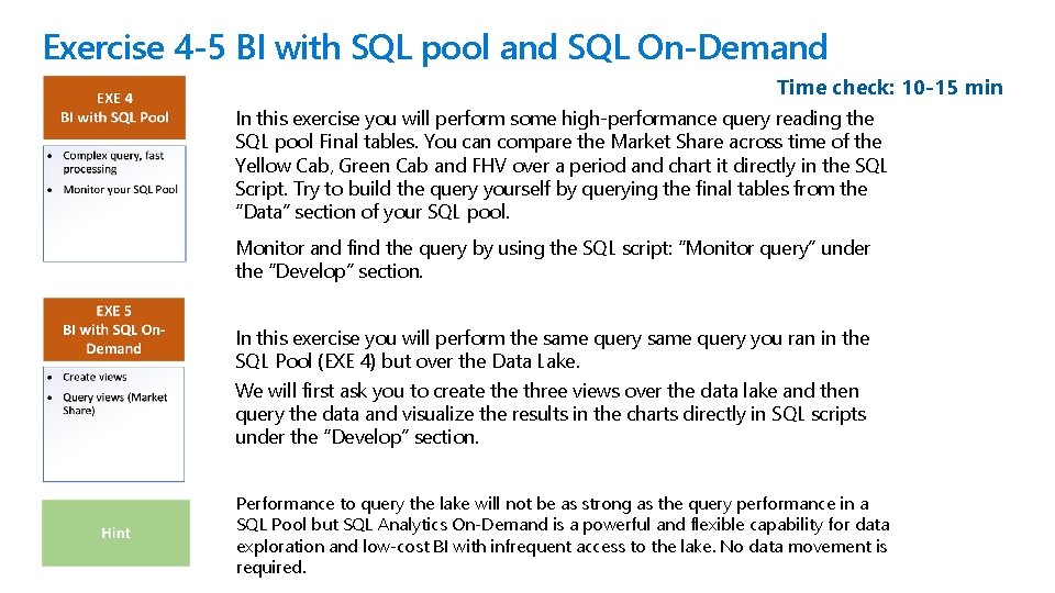 Exercise 4 -5 BI with SQL pool and SQL On-Demand Time check: 10 -15
