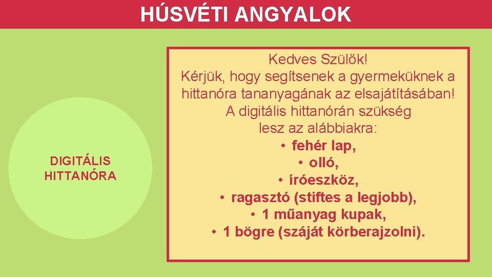 HÚSVÉTI ANGYALOK DIGITÁLIS HITTANÓRA Kedves Szülők! Kérjük, hogy segítsenek a gyermeküknek a hittanóra tananyagának