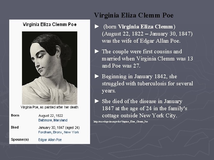 Virginia Eliza Clemm Poe ► (born Virginia Eliza Clemm) (August 22, 1822 – January