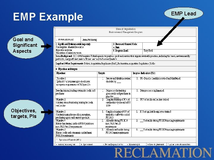 EMP Example Goal and Significant Aspects Objectives, targets, PIs EMP Lead EMP Example Goal and Significant Aspects Objectives, targets, PIs EMP Lead