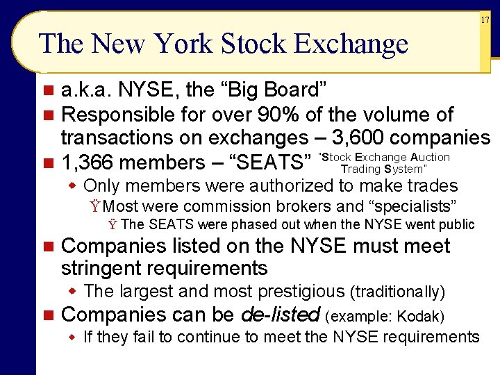 17 The New York Stock Exchange a. k. a. NYSE, the “Big Board” Responsible 17 The New York Stock Exchange a. k. a. NYSE, the “Big Board” Responsible