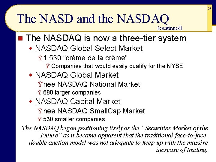 28 The NASD and the NASDAQ (continued) n The NASDAQ is now a three-tier 28 The NASD and the NASDAQ (continued) n The NASDAQ is now a three-tier