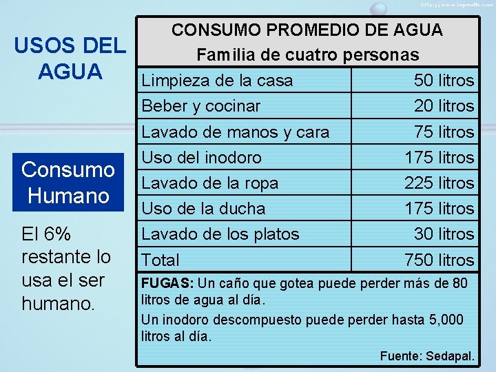 USOS DEL AGUA Consumo Humano El 6% restante lo usa el ser humano. CONSUMO