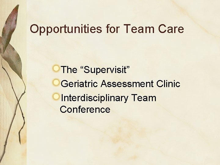 Opportunities for Team Care The “Supervisit” Geriatric Assessment Clinic Interdisciplinary Team Conference 