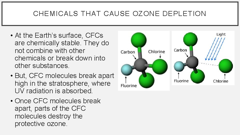 CHEMICALS THAT CAUSE OZONE DEPLETION • At the Earth’s surface, CFCs are chemically stable.