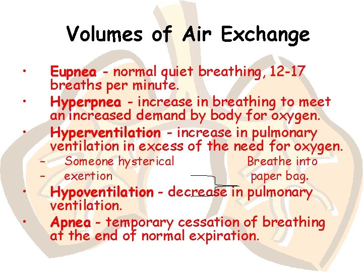 Volumes of Air Exchange • • • – – Eupnea - normal quiet breathing,