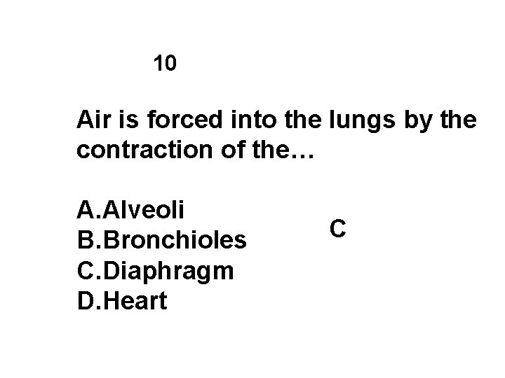 10 Air is forced into the lungs by the contraction of the… A. Alveoli