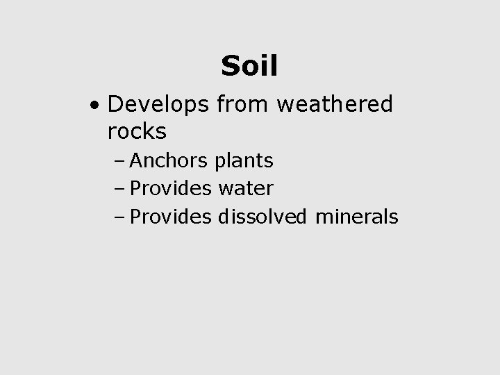 Soil • Develops from weathered rocks – Anchors plants – Provides water – Provides