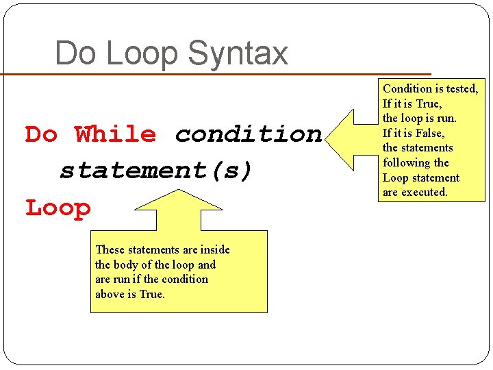 Do Loop Syntax Do While condition statement(s) Loop These statements are inside the body