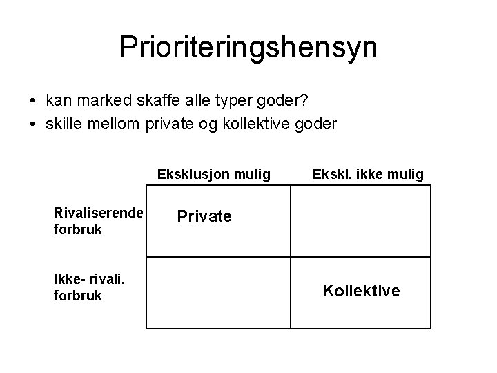 Prioriteringshensyn • kan marked skaffe alle typer goder? • skille mellom private og kollektive