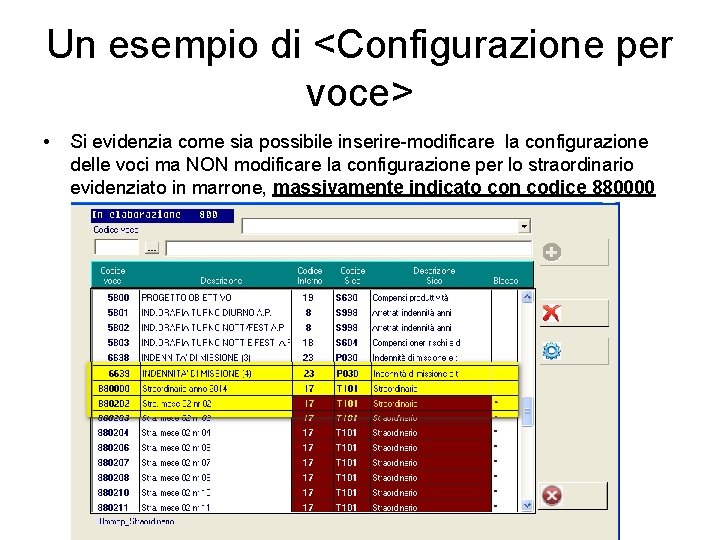 Un esempio di <Configurazione per voce> • Si evidenzia come sia possibile inserire-modificare la