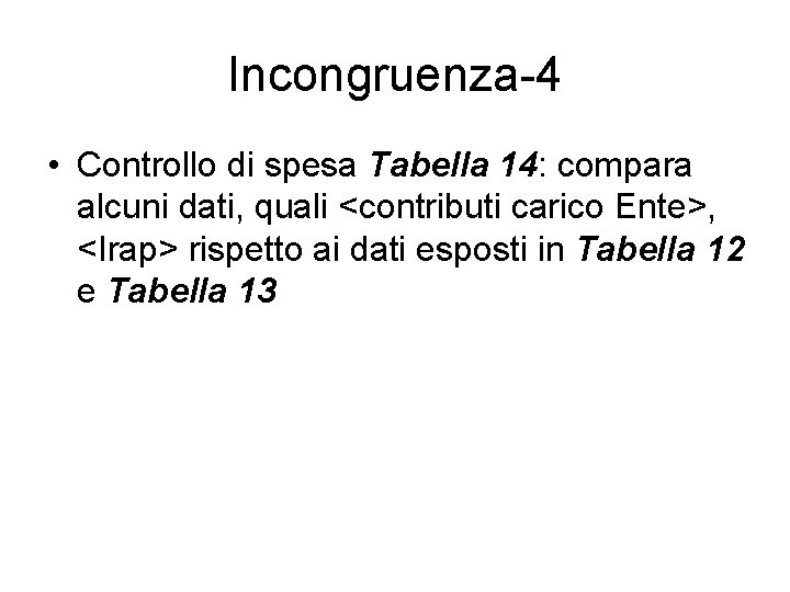 Incongruenza-4 • Controllo di spesa Tabella 14: compara alcuni dati, quali <contributi carico Ente>,