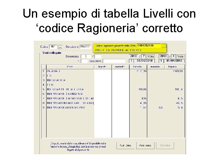 Un esempio di tabella Livelli con ‘codice Ragioneria’ corretto 