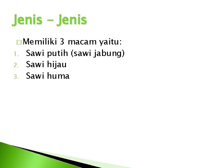 Jenis - Jenis � Memiliki 1. 2. 3. 3 macam yaitu: Sawi putih (sawi
