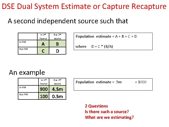 DSE Dual System Estimate or Capture Recapture A second independent source such that In DSE Dual System Estimate or Capture Recapture A second independent source such that In