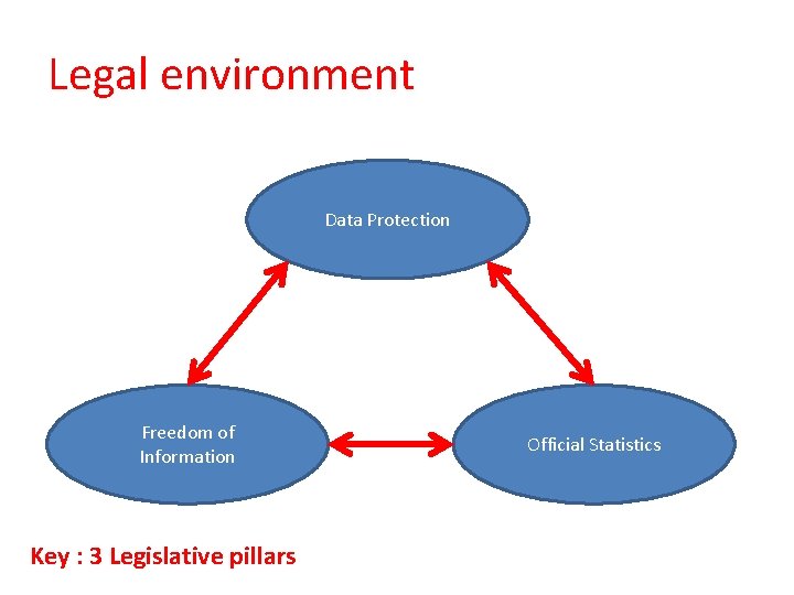 Legal environment Data Protection Freedom of Information Key : 3 Legislative pillars Official Statistics