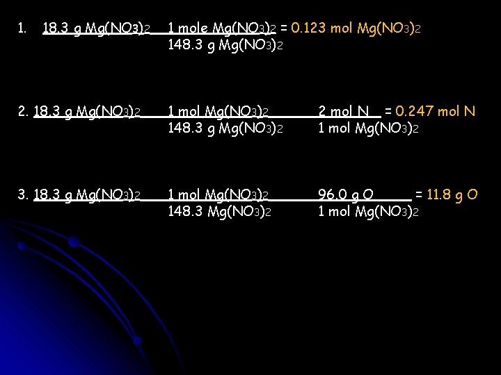 1. 18. 3 g Mg(NO 3)2 1 mole Mg(NO 3)2 = 0. 123 mol