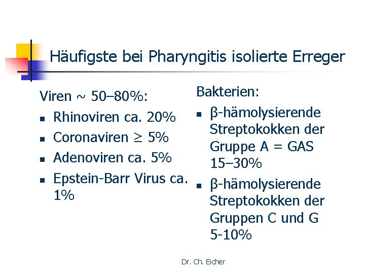 Häufigste bei Pharyngitis isolierte Erreger Bakterien: Viren ~ 50– 80%: n β-hämolysierende n Rhinoviren