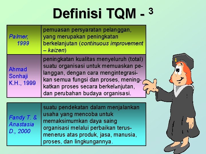 Definisi TQM Palmer, 1999 pemuasan persyaratan pelanggan, yang merupakan peningkatan berkelanjutan (continuous improvement –