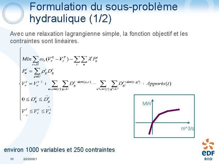 Formulation du sous-problème hydraulique (1/2) Avec une relaxation lagrangienne simple, la fonction objectif et Formulation du sous-problème hydraulique (1/2) Avec une relaxation lagrangienne simple, la fonction objectif et