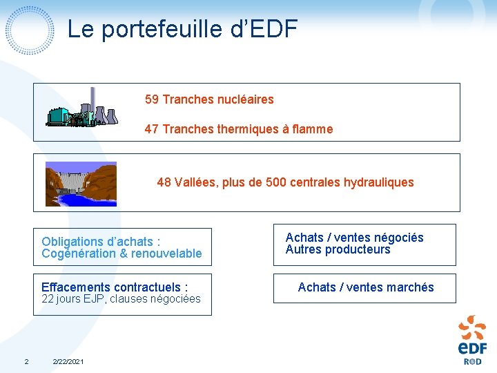 Le portefeuille d’EDF 59 Tranches nucléaires 47 Tranches thermiques à flamme 48 Vallées, plus Le portefeuille d’EDF 59 Tranches nucléaires 47 Tranches thermiques à flamme 48 Vallées, plus
