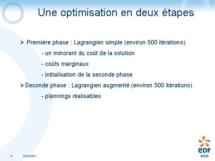 Une optimisation en deux étapes Ø Première phase : Lagrangien simple (environ 500 itérations) Une optimisation en deux étapes Ø Première phase : Lagrangien simple (environ 500 itérations)